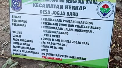 Diduga Asal Jadi, Proyek Jalan Lingkungan Desa Jogja Baru Kecamatan Kerkap Sarat Masalah dan Patut Dipertanyakan